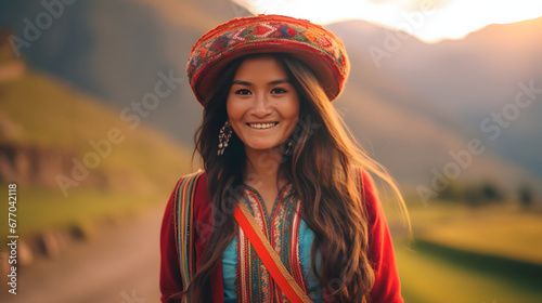 Peruvian woman in traditional clothing on an Inca trail - path in Cusco, Peru photo