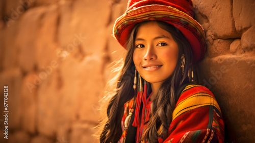 Peruvian young woman in traditional clothing on an Inca wall in Chinchero, Cusco, Peru photo