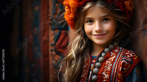 beautiful american girl in traditional clothes, Cusco little girl smiling, peru photo