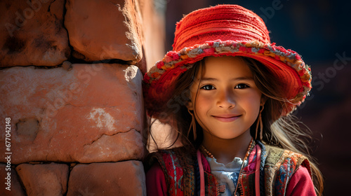 beautiful quechua girl en traditional clothes, Cusco little girl smiling, peruvian photo
