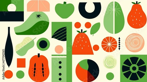 Organic fruit vegetable geometric pattern. Natural food background creative simple bauhaus style, agriculture design, Generative AI
