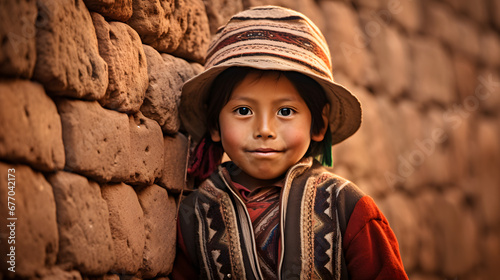 portrait of a Peruvian Quechua boy in traditional clothing on an Inca wall in Chinchero, Cusco, Peru