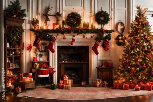 A mantle adorned with garlands, lights, and a collection of decorative Christmas 