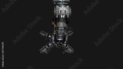 3d rendering of cyber machine manipulator equipped with multiple robotic arms for advanced works in nano technology or various space constructions. 360 degree turntable animation with alpha