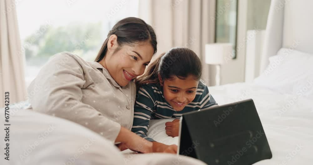 Happy, tablet and mother with daughter in bedroom for streaming, website and social media. Relax, elearning and technology with woman and girl child in family home for games, internet and education Happy, tablet and mother with daughter in bedroom for streaming, website and social media. Relax, elearning and technology with woman and girl child in family home for games, internet and education