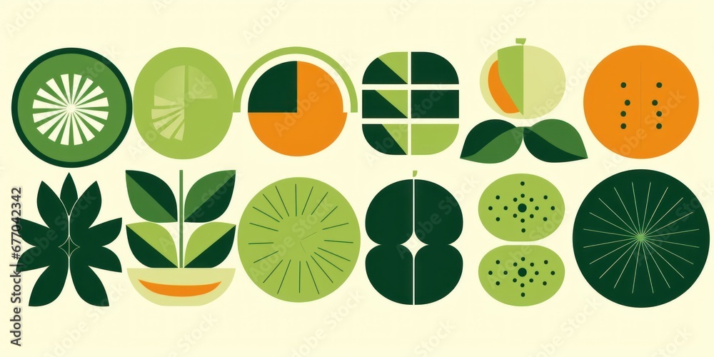 Abstract geometric food pattern. Natural fruit plants simple shape, eco agriculture concept.  minimal illustration, Generative AI