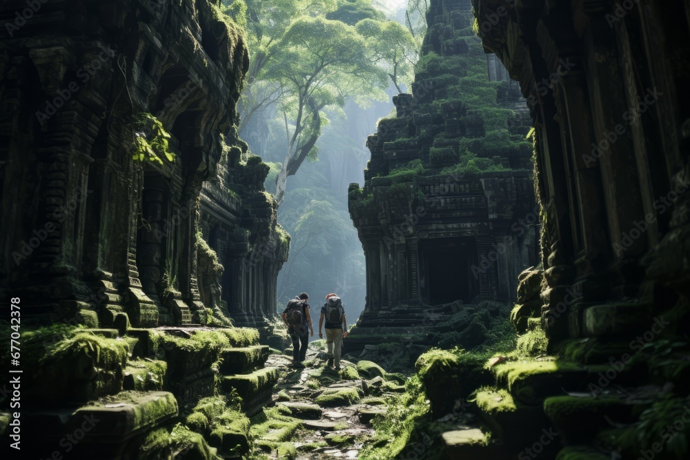 Temples Rocks Remote Group of travelers exploring ancient ruins deep in the heart of a ...