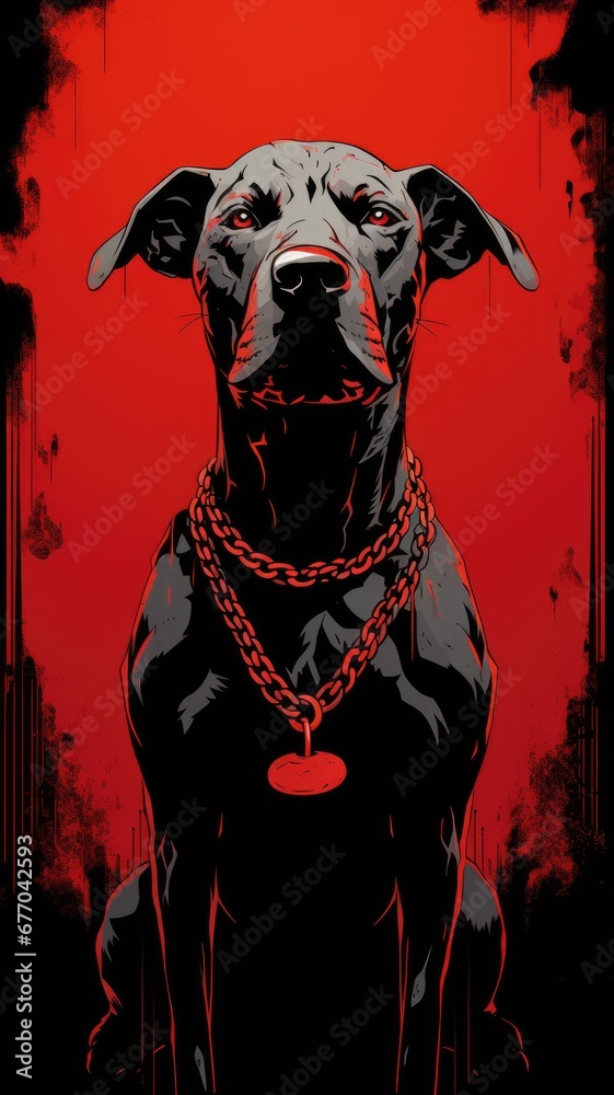 Obraz premium A Majestic Black Dog Standing Proudly Against a Striking Red Background