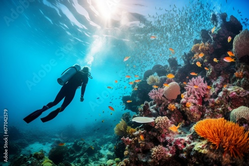 Scuba diver exploring vibrant coral reefs and encountering an array of colorful marine life in clear, azure waters. AI generative