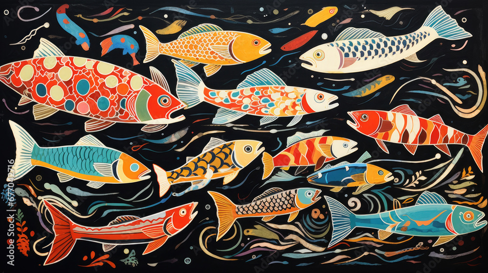 Naklejka premium Traditional Chinese painting of various fish with colorful patterns and markings in the ocean on dark background
