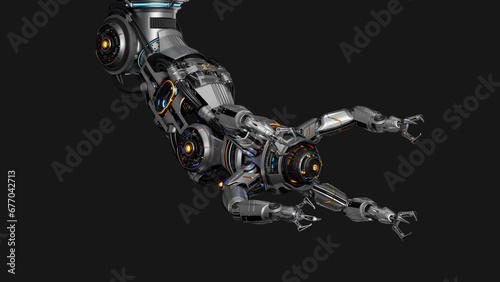 Cyber machine manipulator equipped with multiple robotic arms for advanced works in nano technology or various space constructions. 3d rendering animation with alpha isolated on black background