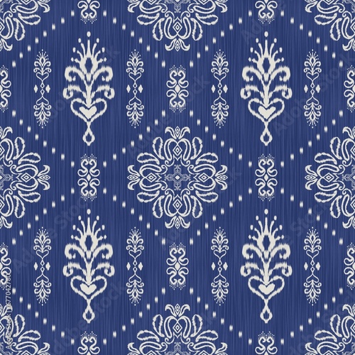 Ikat paisley floral damask pattern. Illustration ikat watercolor floral drawing shape seamless pattern. Ikat traditional pattern use for fabric, textile, home decoration elements, upholstery, wrapping