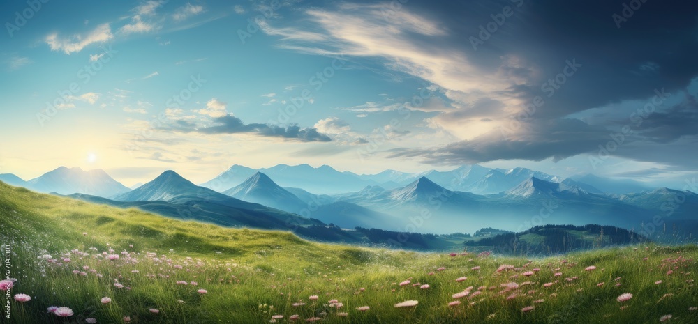 A Serene Landscape: Rolling Hills, Majestic Mountains, and Verdant Meadow