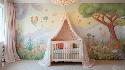 A whimsical nursery with a fairy-tale mural, whimsical mobile, and a crib surrounded by soft, pastel-colored drapes. photo