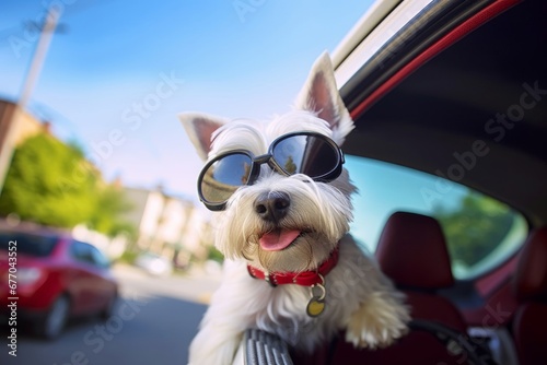 west highland white terrier with goggles on riding in a car with the window down through an urban city neighborhood on a warm sunny summer day, Generative AI photo