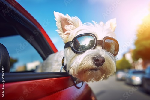 west highland white terrier with goggles on riding in a car with the window down through an urban city neighborhood on a warm sunny summer day, Generative AI photo