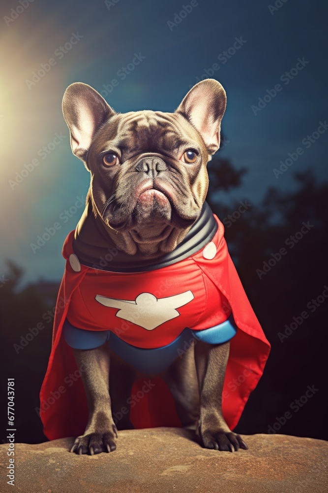 cute french bulldog in a super hero costume, Generative AI
