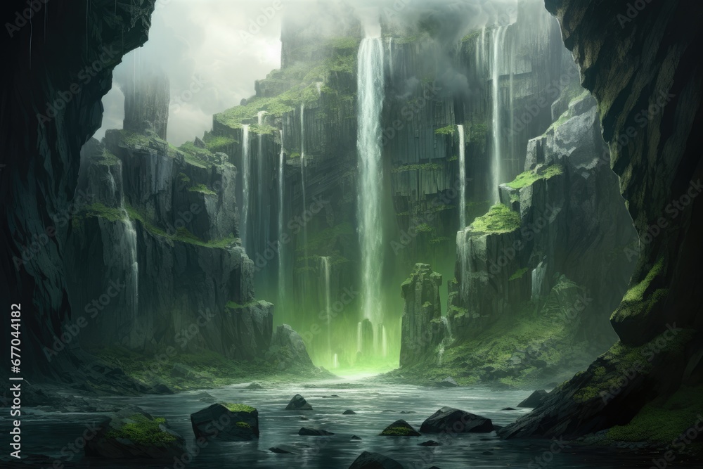 Naklejka premium A Hidden Oasis: A Cave Transformed by a Majestic Waterfall