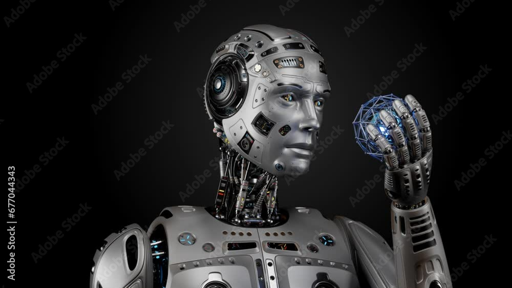 Very detailed futuristic robot man or humanoid cyborg holds a mysterious rotating sphere with blue light ball inside. 3d rendering animation isolated on black background with alpha