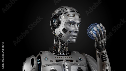 Very detailed futuristic robot man or humanoid cyborg holds a mysterious rotating sphere with blue light ball inside. 3d rendering animation isolated on black background with alpha