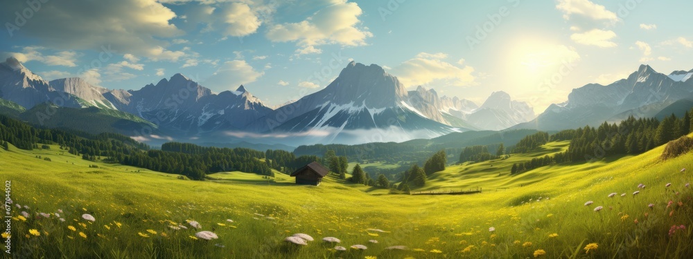 A Serene Landscape: Fields, Mountains, and Nature's Majestic Beauty