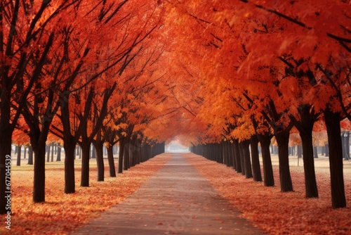 A Tranquil Autumn Stroll Through a Canopy of Vibrant, Orange Foliage