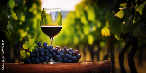 Red wine glass decorated with grapes standing on a table in the vine photo