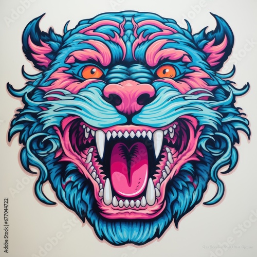 An Artistic Representation of a Majestic Wolf's Head in a Vibrant Pink and Blue Palette