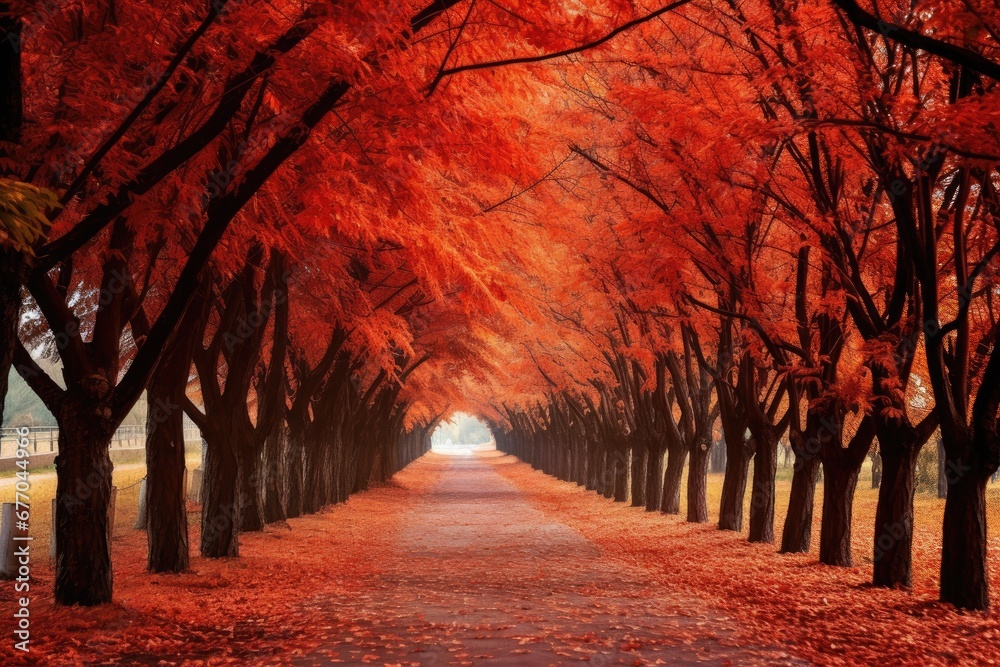 A Serene Autumn Drive Through a Canopy of Vibrant Red Leaves
