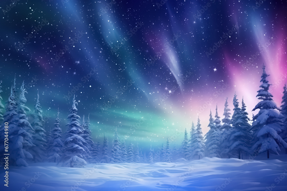 Winter landscape, northern night snowy background with pines and aurora sky