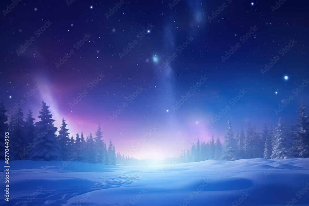 Winter landscape, northern night snowy background with pines and aurora sky