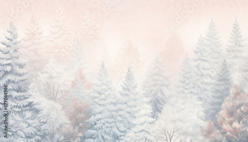 Abstract art with winter forest, snowy tree background in watercolor style © Mighty