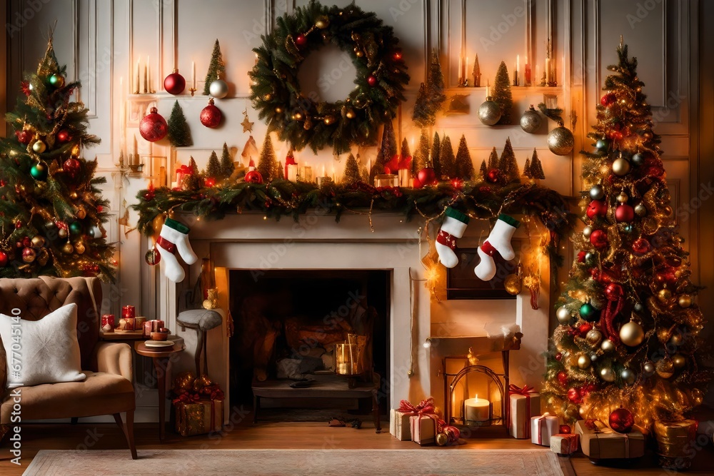 A mantle adorned with garlands, lights, and a collection of decorative Christmas 