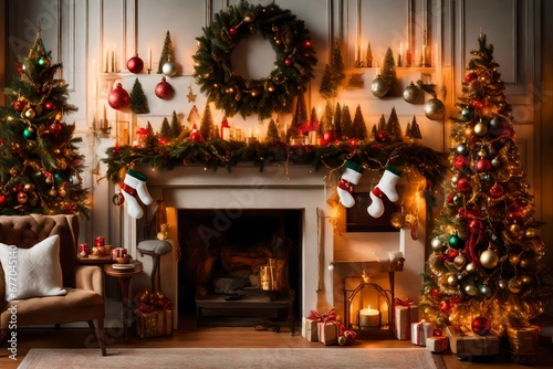 A mantle adorned with garlands, lights, and a collection of decorative Christmas  © usman