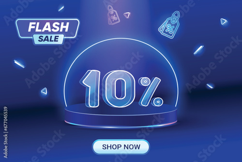 Flash Sale Discount Shopping on blue background. Neon Style Text. 10% Off Special Offer Campaign.
