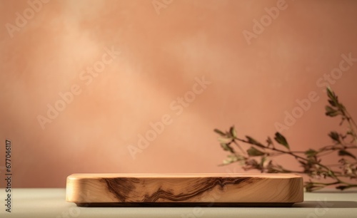 Wooden podium for cosmetic products, perfumes or food against beige background. Front view...Wooden podium for cosmetic products, perfumes or food against beige background. Front, Generative AI © Picture Perfect