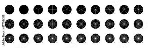 Round wheel divided into segments. Circular diagram of division into parts. Ring cut as piechart simple vector illustration. Pizza serving size presentation.