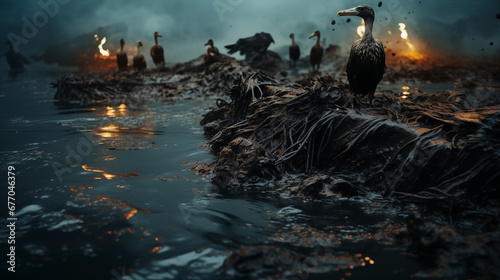 Photo of the oil spill in the ocean, with birds covered in black tar, representing the devastating impact of pollution.