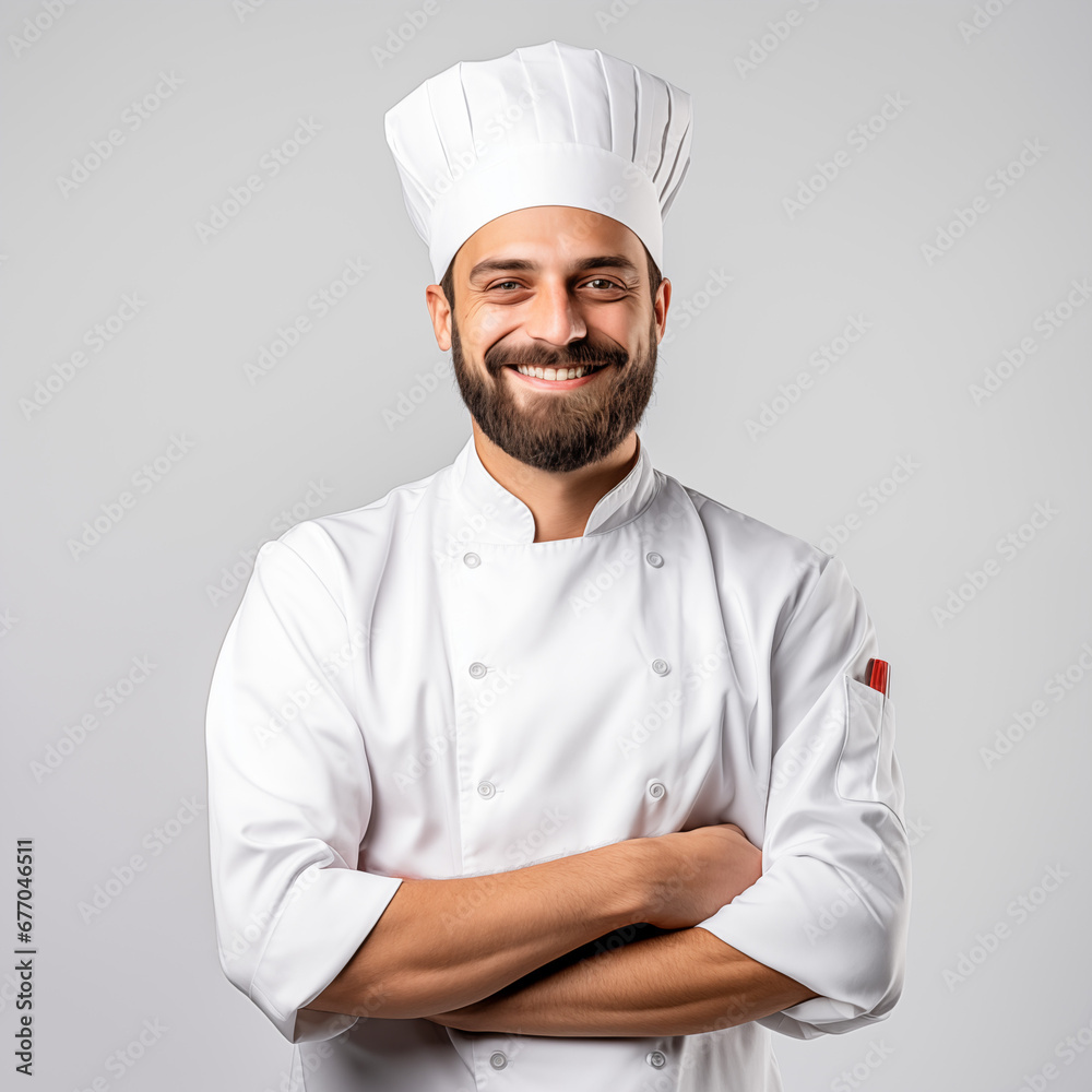 Portrait of confident Smiling male chef looking at camera in white background.