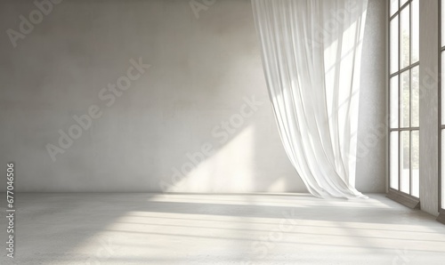 Beautiful sunlight, blowing white sheer linen, blackout curtain from open window on blank white concrete wall, polished cement floor for interior design, air flow ventilation, Generative AI photo