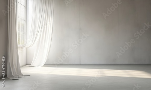 Beautiful sunlight, blowing white sheer linen, blackout curtain from open window on blank white concrete wall, polished cement floor for interior design, air flow ventilation, Generative AI photo