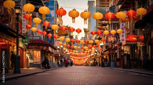 Chinese Lanterns Over Historic Chinatown Street at Dusk SLR Camera, Telephoto Lens,ai generated