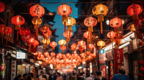 Chinese Lanterns Over Historic Chinatown Street at Dusk SLR Camera, Telephoto Lens,ai generated