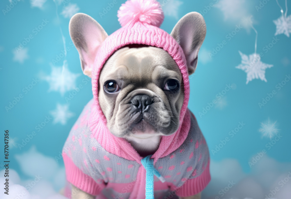 A small French bulldog puppy wearing a Christmas outfit and surrounded by Christmas tree lights. New Year holiday concept A small French bulldog puppy wearing a Christmas outfit and surrounded by Christmas tree lights. New Year holiday concept