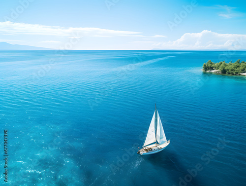 Sailing boat in the blue ocean with mountains on the horizon © wing