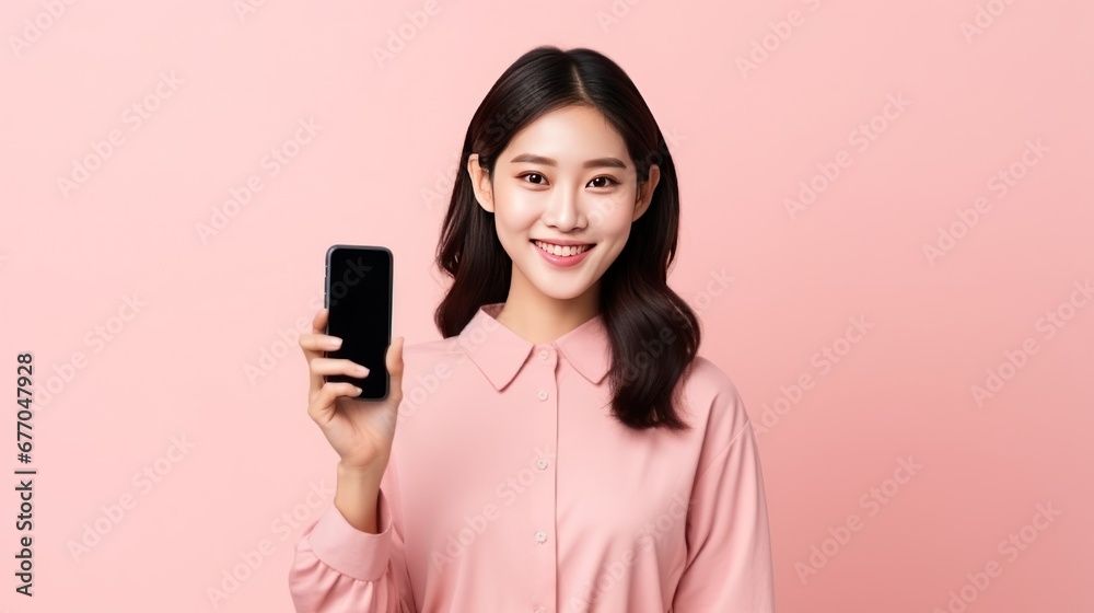 Woman and technology, beautiful woman with smartphone and light pink background Woman and technology, beautiful woman with smartphone and light pink background