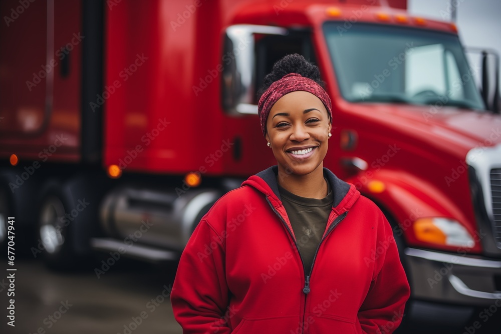 A smiling african american female truck driver standing near  semi truck
