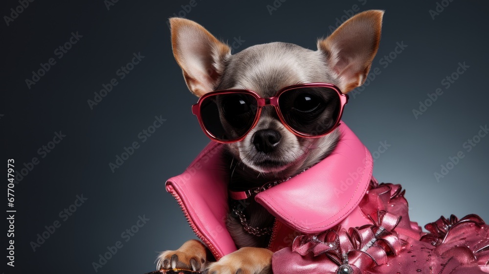 Fashionable chihuahua dog wearing pink leather jacket and sunglasses. Banner copy space. Ai generative