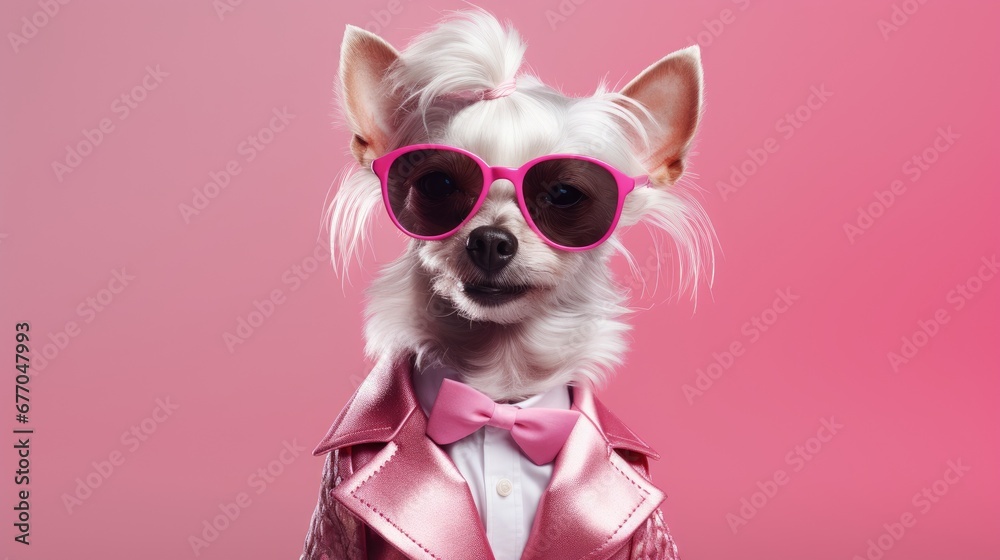 Portrait of a cute dog wearing sunglasses and a pink jacket on a pink background. Banner copy space. Ai generative