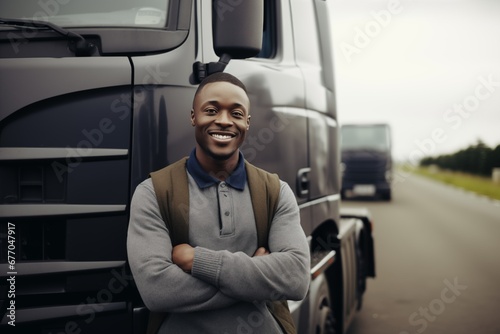 A smiling african american male truck driver standing near  semi truck © evgenia_lo